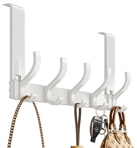 YDYxieji Over Door Hooks, Over Door Hanger with 5 Hooks, Can Hold 10 Items, Heavy Duty Door Hooks for Coat, Towel, Keys and Bag, Space Saving Over The Door Hook, Length:32 cm (12.6) (White)