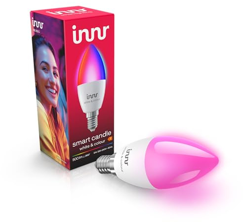 Innr Zigbee E14 Smart lampa, fungerar med Hue* och Alexa (brygga krävs), vitt och färgat ljus, 16 miljoner färger, LED-ljus i ljusform, smart glödlampa, E14 dimbar, 500 lumen, 1-Pack