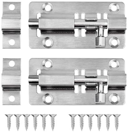 2 Pack 3 Inch Stainless Steel Barrel Bolt Latch, Brushed Finish Slide Bolt Lock for Doors, Cupboards, Sheds, Secure Sliding Latch with 12PCS Screws (Silver)