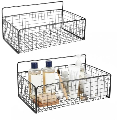 Punorric 2 Pack Wall Storage Baskets, Black Metal Wire Basket with 8 Hooks, No-Drill Wall Mounted Kitchen Shelves for Fruits and Vegetables, Hanging Storage Baskets for Cabinets, Bathroom and Bedroom