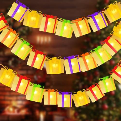 Shinybox Cadena Luces Caja de Regalo Navidad, 3M 20 LED Cadena de Luces Decorativa Navideña, Funciona con Pilas, Decoración para Interior y Exterior