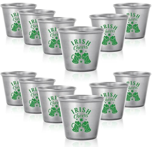 VioraWhite 20 Pcs St. Patrick's Day Shot Glasses for Drinks 1.5 oz Irish Party Supplies and Drinking Accessories, Lucky Clover Cups St Patrick's Day Drink Party Favors for Friend (Stainless Steel)