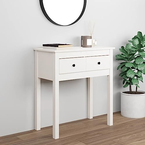 QJBSAVVA White Console Table Small Side Table Solid Pine 70x35x75 cm with 2 Drawers, Slim Hallway Table for Entryway Sofa Living Room Bedroom