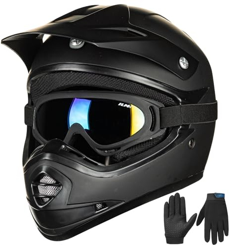 ILM Barn motorcykelhjälm Cross Dirt Bike pojke och flicka för unga unisex godkänd ECE22.06 full face off road ATV enduro MTB med glasögon handskar modell B07, matt svart, S