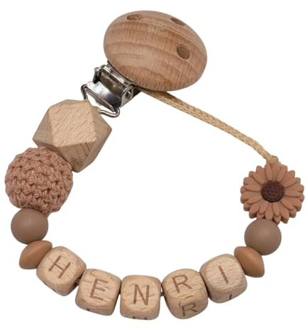 Glücksperle Schnullerband mit Namen für Mädchen & Jungen personalisierte Baby Geschenke Blume Natur (Braun)
