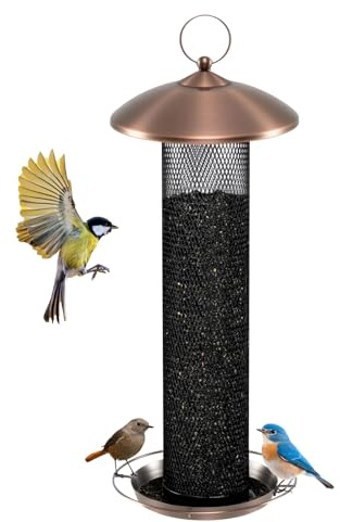 GYMAX Mangeoire Oiseaux Extérieur à Suspendre, Capacité 1,6 kg | Tube Métallique Anti-Écureuils, 3 Couches pour Répartition des Graines, Plateau Fond à Graines avec Trous de Drainage