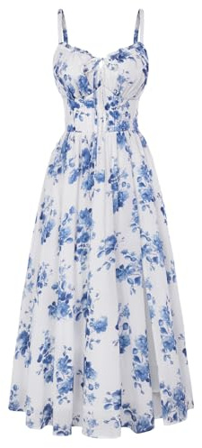 SCARLET DARKNESS Vestido floral de verano para mujer, vestido acampanado sin mangas, vestido midi con abertura y tirantes para la playa