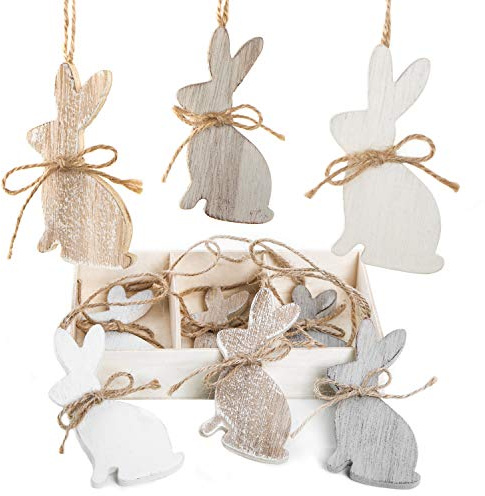 Logbuch-Verlag Osteranhänger aus Holz, 9er Set: Osterhasen-Deko zum Aufhängen, Osterschmuck für Osterstrauch, Osternester und Geschenke, Zeitlose Osterdeko, Osterhasen-Anhänger aus Holz, 9,5 cm