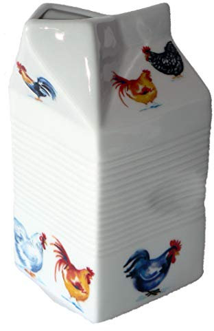 Milk carton shaped jug off white ceramic decorated with chicken, cockerel, hen patten