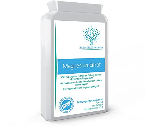 Magnesium Citrate 500mg 120 Capsules - Providing 150mg of Active Elemental Magnesium - High Potency - Easily Absorbable - Highly Bioavailable - UK Manufactured