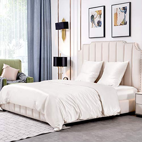 THXSILK 25 Momme Seidenbettwäsche Set 3 teilig, Bettbezug 200 x 200 cm und 2 Kissenbezüge 80 x 80 cm, Hypoallergen Maulbeerseide Bettwäsche Set, Ultra Weich und Glatt, Weiß