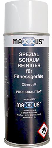 MAXXUS® Schaumreiniger 400 ml für Fitnessgeräte, Kunststoff und Gummi | Fettfreier, rückstandsloser Multi-Schaum-Reiniger mit Zitrusduft, pflegt und schützt Oberflächen vor Versprödung