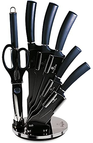 Berlinger Haus Aquamarine Juego Cuchillos Cocina Profesional 8 piezas, Acero Inoxidable Recubrimiento Antiadherente, Soporte Acrílico, Cocinero, Cebollero, Santoku, Chaira, Tijeras, Diseño Metallic