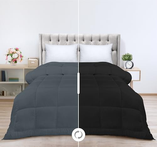 Utopia Bedding All Season Down - Trapunta alternativa per letto doppio/matrimoniale XL, con inserti angolari, lavabile in lavatrice, colore: nero/grigio