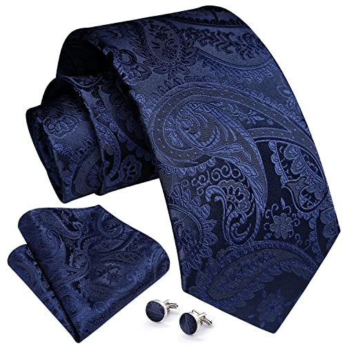 Enlision Herren Krawatten Seide Krawatte für Herren Krawatten Einstecktuch Manschettenknöpfe Set Marineblau-P