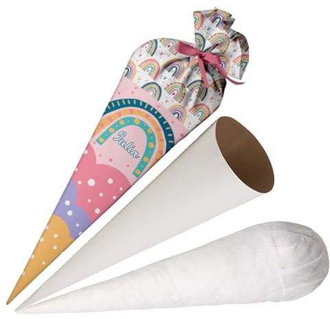 Schultüte Mädchen Regenbogen aus Stoff Personalisierte Tüte 70 cm Zuckertüte mit Namen runde Papprohling und Füllung aus Silikonkügelchen große Tüte als Kissen