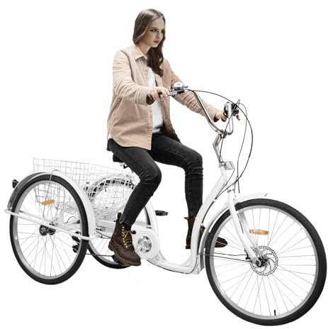 FUROMG 26 Zoll 3 Räder Dreirad für Erwachsene mit Einkaufskorb 6 Gäng Fahrrad Trike Behindertenrad mit Einkaufskorb Weiß