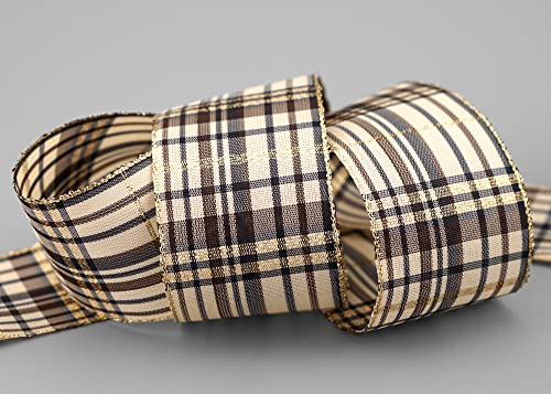 finemark 25 m x 40 mm Dekoband William KARO Taupe Beige Gold Schleifenband Schotten Band kariert Weihnachten Lurex Weihnachtsband Goldkante Winter Glanzband Geschenkband Christmas Check