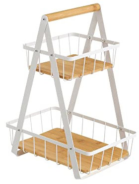 LOLAhome Frutero de 2 cestas blanco de metal y bambú natural de 30x20x40 cm