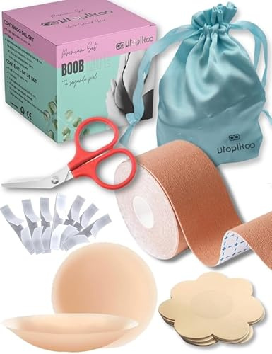 UTOPIKOO® Boob Tape.Cinta Adhesiva Pecho 5m+2 Pezoneras Adhesivas Invisibles Silicona Reutilizables 8,5 cm.+10 Cubre Pezones Saten+50 Cinta Doble Cara Ropa y Piel+Tijeras+ Bolsita Viaje- Set Premium