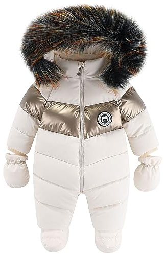 L SERVER Combinaisons de Neige Bébé Fille Polaire Epais Vêtements de Ski Garçon Chauds Coupe-vent Combinaison Pilote à Col Fourrure Capuche Jumpsuit avec Gants, Blanc, 6-9 mois