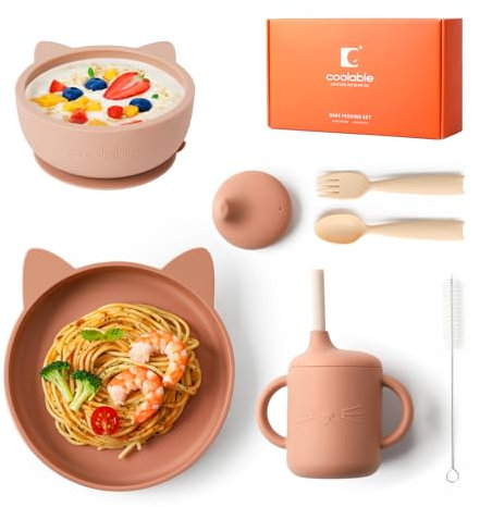 COOLABLE Baby Geschirrset Silikon Kindergeschirr Set mit Saugnapf, BPA Frei 7 Stück Enthält Teller, Schüssel, Trinklerntasse, Ausgießer, Gabel, Löffel und Strohhalmbürste - Staubrosa