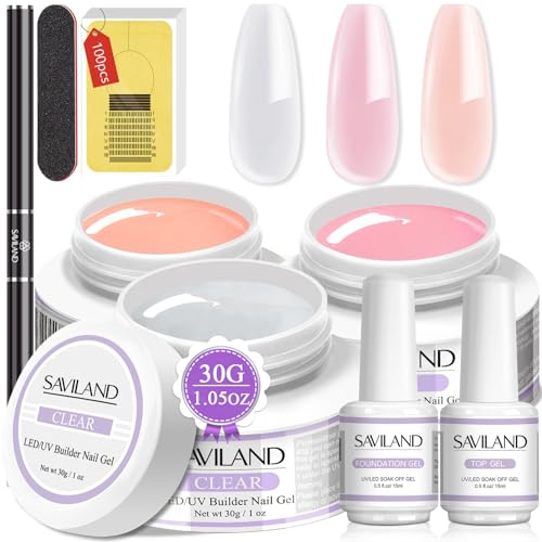 Saviland uppbyggnadsgel för gelnaglar: 3 st x 30 g klar nudes rosa hård gel för naglar förlängningsgelset med 100 st nagelformer och nagelpensel nagelkonst manikyrset för gör-det-själv