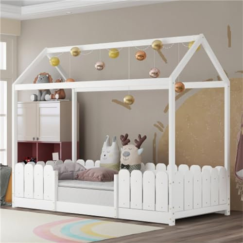 buiesjole Kinderbett 90x200 cm Mit Rausfallschutz Und Lattenrost Hausbett Jugendbett Für Kinder Jugendliche Bodenbett Für Schlafzimmer Kinderzimmer Holz Bettgestell Weiß