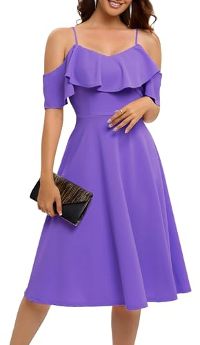 Bbonlinedress Herbstkleid Damen lang Cocktailkleid Schulterfrei Brautjungfernkleider elegant Partykleid festliches Trägerkleid mit Rüschen Lavender M
