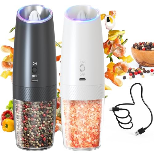 CIRCLE JOY Juego de Molinillos Pimienta Eléctricos Recargables por Gravedad con Luz LED Blanca, Aspereza Ajustable, Recipiente Lavable de 135ml y Operación con Una Sola Mano, Negro Blanco