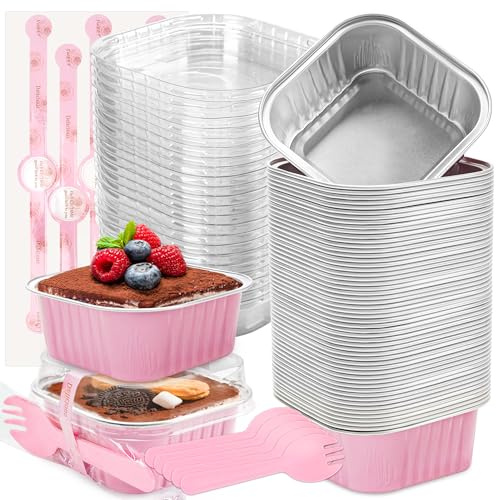 LOKQING 50 Pack Mini Cake Pans with Lids and Spoons Small Aluminum Foil Pans Square Baking Cups Disposable Ramekins Cupcake Liners for Brownie Pie Mothers Day Party Favors (Pink, 5 oz)