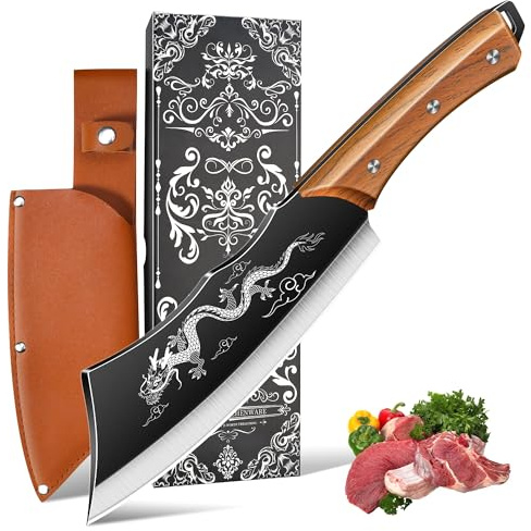 Dragon Cleaver Knife 8 Heavy-Duty Bone Chopper with Gift Box & Leather Sheath – Ultra-Sharp Stainless Steel Chinese Dragon Meat Cleaver for Kitchen, BBQ, Camping & Outdoor Cooking