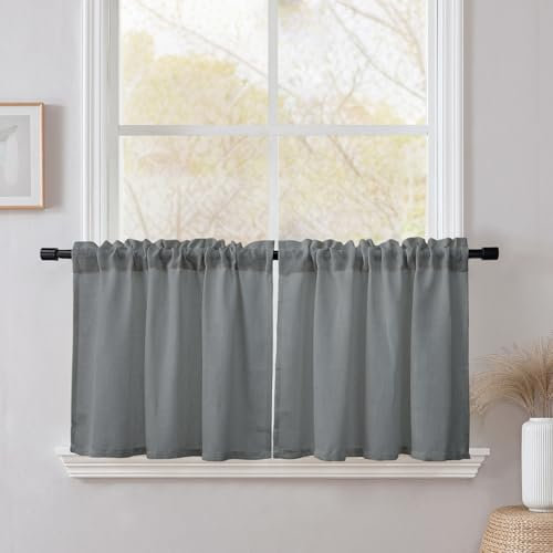 CUCRAF Cortina de Cocina de Lino Semitransparente, con Bolsillo para Varilla, Gris Paquete de 2 Unidades 60An x 45Al cm, Aptas para Cocina Comedor Baño y Pequeñas Ventanas
