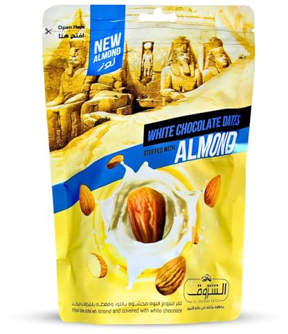El Sherouk Pitted Dates Stuffed With Almonds And Covered With White Chocolate Natural Sweet Egypt Tamr Fresh Ramadan No Gmo Halal (1 Pack = 8.82 oz / 250 gm) تمر محشو باللوز ومغطى بالشوكولاتة البيضاء