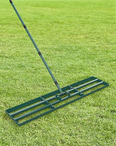 Rastrillo nivelador de césped de 114 x 25 cm con mango de acero de 193 cm, nivelador de césped resistente para jardín, campo de golf, herramienta de nivelación de césped y arena