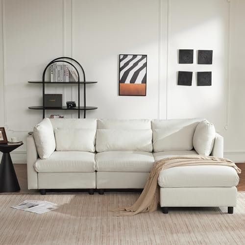 Arhatreya 3 Sitzer Sofa L-förmiges Gästesofa Modern Couch, 3er Sitzsofa mit Fußhocker, Dreisitzer-Sofa, Ecksofa für Wohnzimmer, Schlafzimmer, Wohnung, Gästezimmer, Linen, Beige