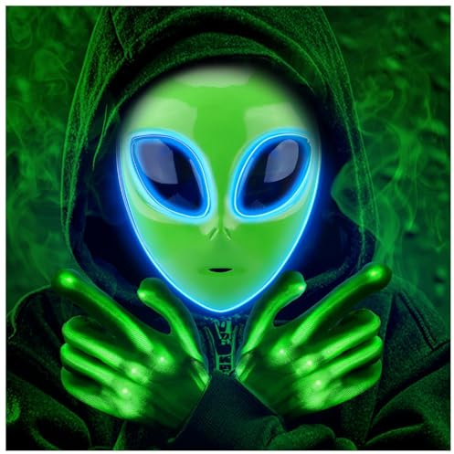 Tanganan LED Alien Mask for Adult,Halloween LED Light up Mask 3 Modes Lighted Face Mask for Festival Cosplay Halloween Costume