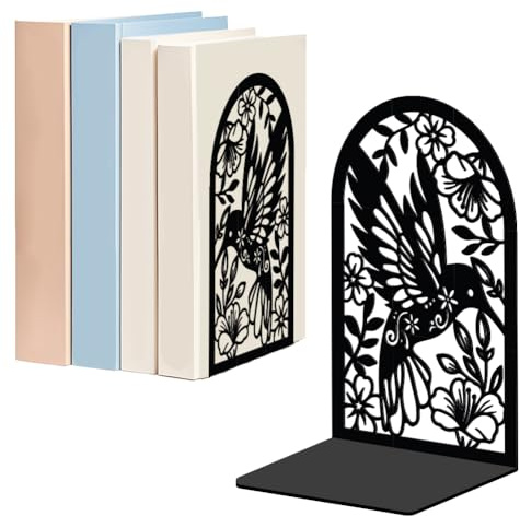 WADORN Buchstützen Mit Kolibri Blumen Für Regale Dekorativ,1 Paar Wildblumen Vögel rutschfeste Robuste Buchstützen Buchhalter Aus Metall Schwarzer L Förmiger Buchstopper Für Das Home Office