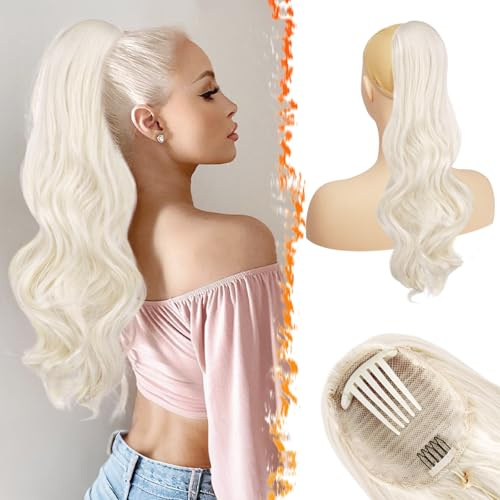BARSDAR Wellige Pferdeschwanz Haarteil Platinblond mit Kordelzug, 50cm Comb Clip in Ponytail Extension für Frauen Lockige Synthetik Natürliche Pferdeschwanz Haarverlängerung Zopf Haarteile