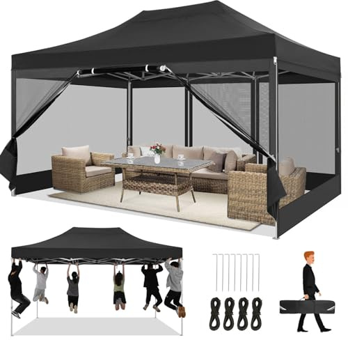 COBIZI Paviljong 3 x 4,5 hopfällbar paviljong 3 x 4,5 m, vattentät, stabil med 4 sidoväggar, myggnät, festtält, vikbar, pop-up, trädgårdspaviljong, anti-UV för trädgård, svart