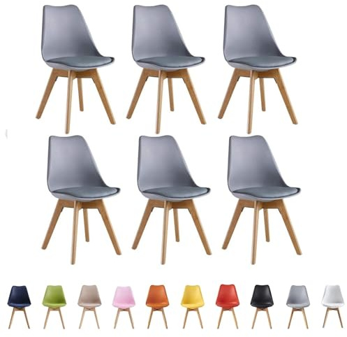 Single Set of 2/4/6 Retro Modern Dining Chairs – Lorenzo Plastic Chairs with Cushioned Pad Seat & Solid Beech Wooden Legs - Side Chair for Living Room Kitchen Office Lounge (Grey, Pack of 6)
