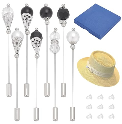 PH PandaHall 8pz Spille per Cappelli con Perline di Vetro Bianche e Nere 8 Stili 7.3cm Spilla Da Bavero In Ottone con Perla di Vetro Spilla Da Cappello con Manico Lungo per Sciarpe, Argento Antico