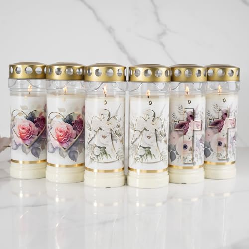 HOFER Lot de 6 bougies funéraires - Durée de combustion de 7 jours - L'original [Poésie Select] résistantes à la pluie - Avec couvercle - Bougie funéraire avec motif - Bougies pour décoration