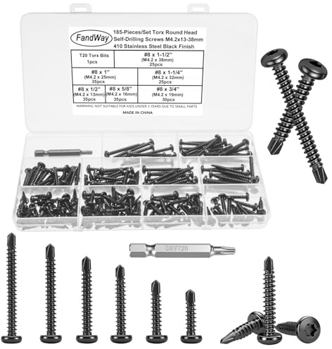 FandWay 185 Stück selbstschneidende Torx-Blechschrauben für Stahl, M4,2 x 13 ~ 38 mm, selbstbohrende Schrauben für Metall, Flachkopf-Tek-Schraube, 410 Edelstahl-Blechschraube, schwarze Beschichtung