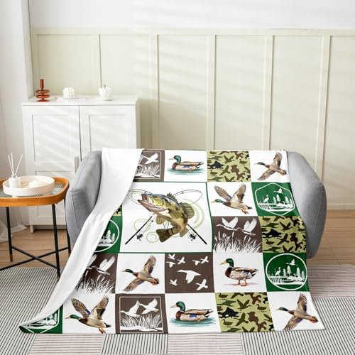 richhome Coperta in pile di flanella, motivo pesca e caccia, 228 x 228 cm, per bambini, anatra, luccio, pesci, plaid patchwork, per letto, divano, traspirante, animali selvatici