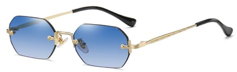 ASYHV Lunettes de soleil rectangulaires sans monture pour homme et femme Design rétro Verres miroir légers Polygone Protection UV400, Or/bleu foncé dégradé
