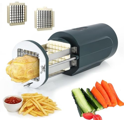 Troqullium Elektrischer Kartoffelschneider, Elektrischer Pommes-Frites-Schneider, Multifunktionaler Elektrischer Gemüseschneider for Kartoffeln, Karotten Und Gurken, 1/2 & 3/8 Zoll Klingen,Grün
