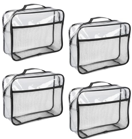 4 Pcs Trousse de Toilette Femme Homme, 31x25,5x4,5cm, Grand Sac Transparent avec Poignée Zippé Poches Filet, Pochette Maquillage PVC Imperméable, Sac de Voyage pour Transport de Liquide Papeterie