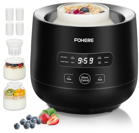 FOHERE Yogurtiera Elettrica con 2 XXL Vasetti da 2000 ml e 1400 ml, 4 * 125 ml Contenitori con Coperchio, 8 Programmi Preimpostati, Accessori per Yogurt Greco, Timer Digitale, 100% BPA Free