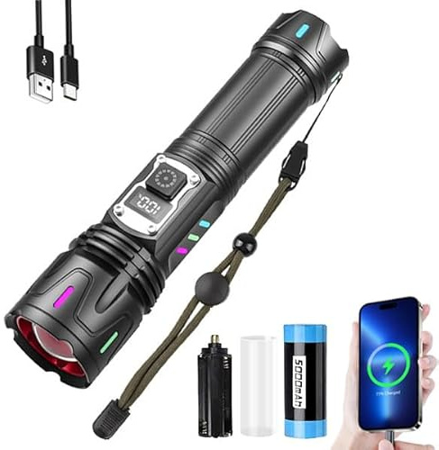 Lampe de poche LED puissante professionnelle, lampe de poche LED rechargeable 100000 lumens, poche 5000 mAh USB Zoomable, IP67 étanche 5 modes avec écran LCD Power Bank pour Camping Trekking Urgence